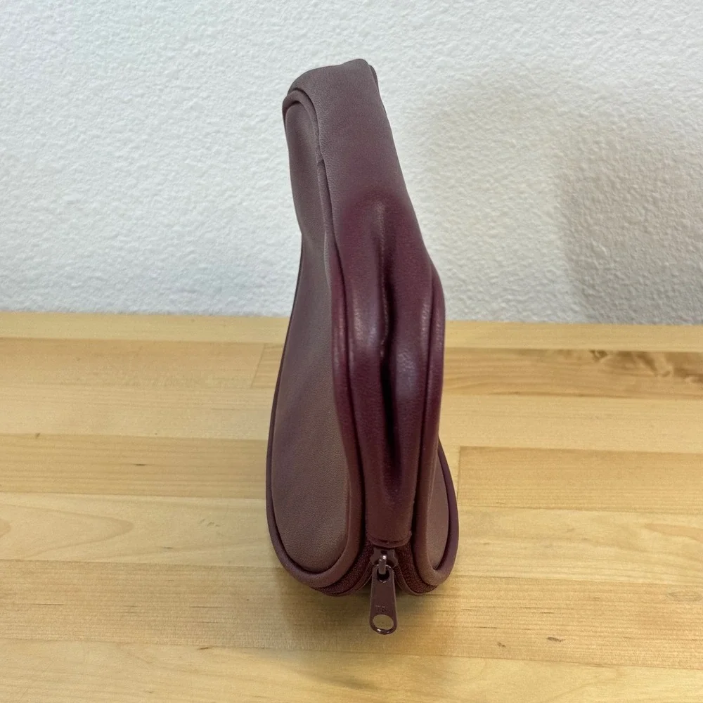 Etienne Aigner Burgundy Leather Half Moon Cosmetic Pouch Makeup Bag Gold Logo